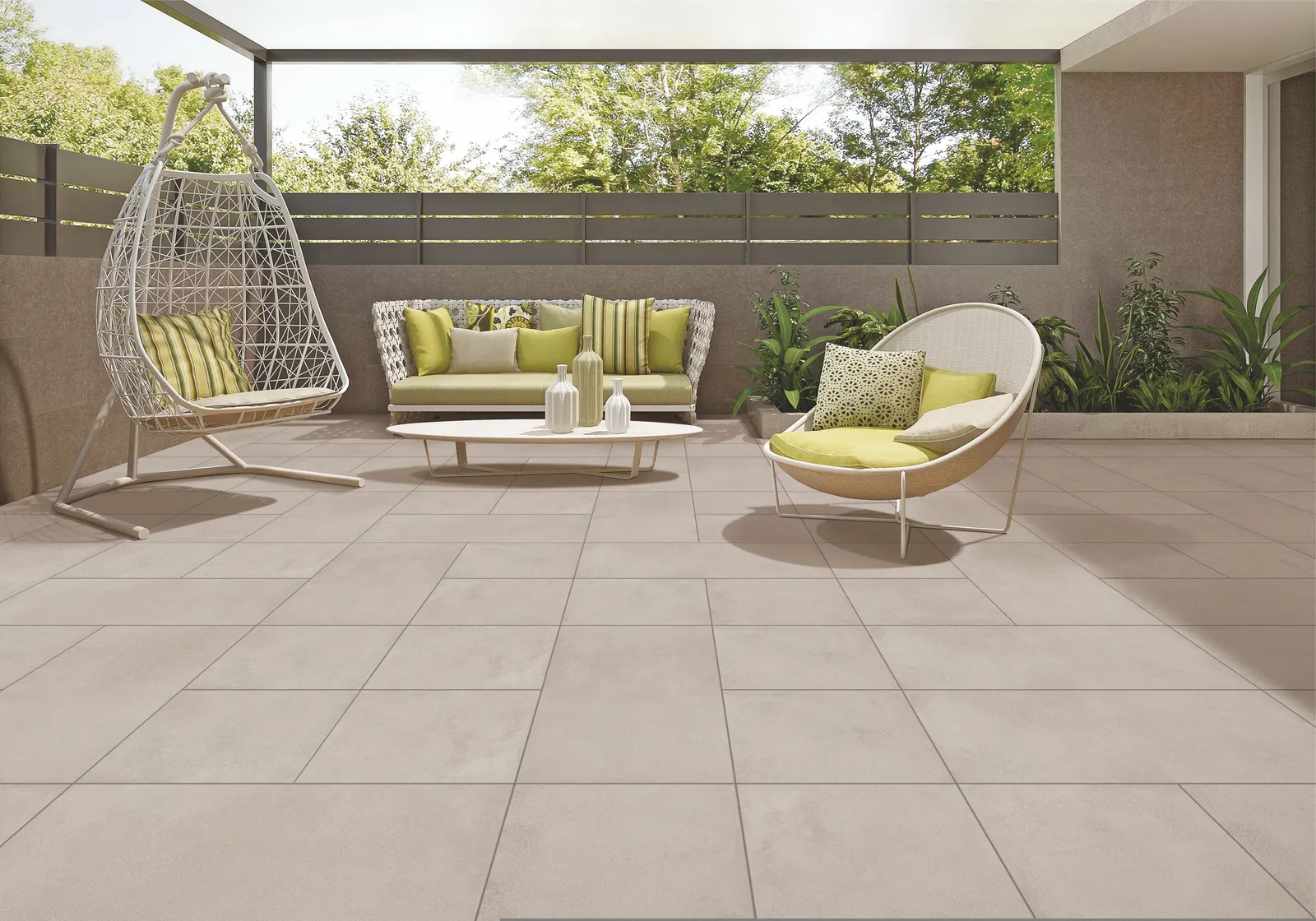 Ashlar paver patio with three interlocking paver sizes arranged in a natural stone-look modular pattern