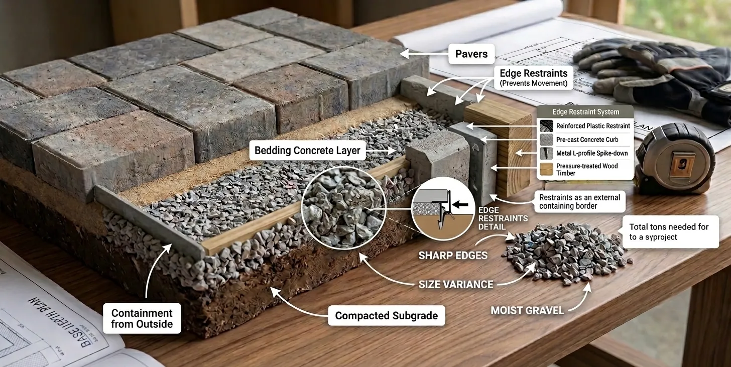 Close-up of paver edge restraints locking the outer border in place with spikes